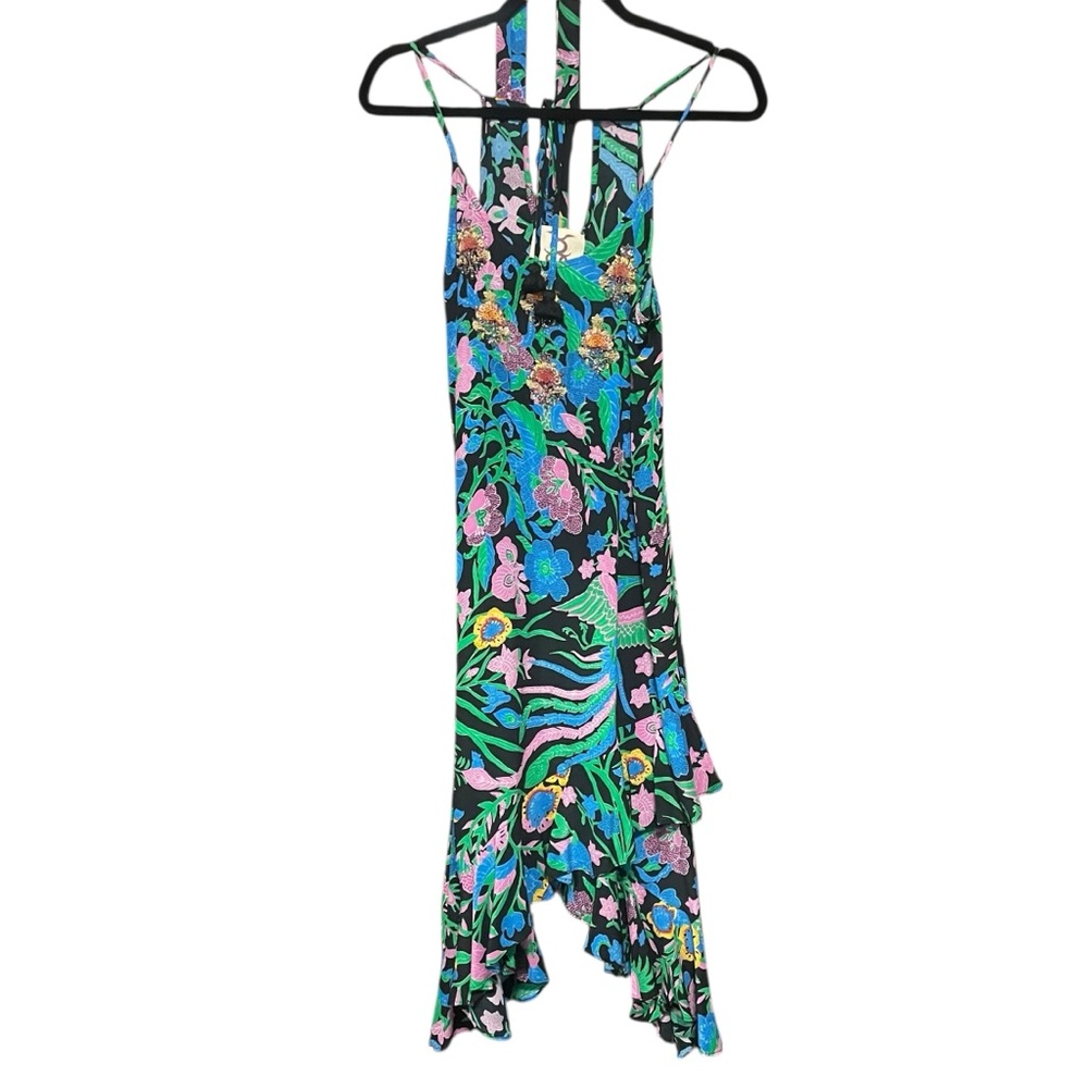 Figue Floral Ruffle Asymmetrical Dress Beaded‎ Neckline Tassels Belt Size S Boho